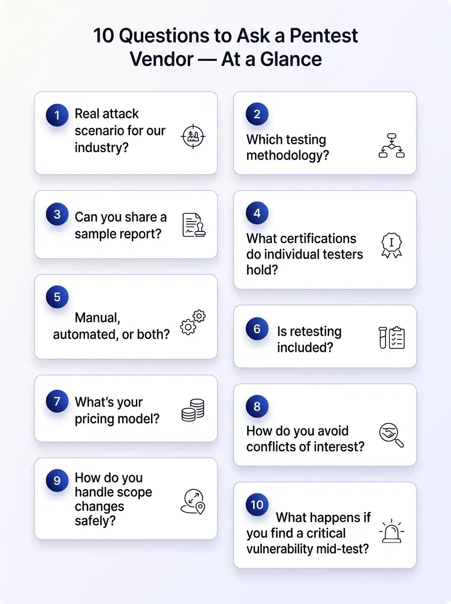 10 questions to ask a penetration testing vendor before hiring, numbered checklist by CyberSapiens