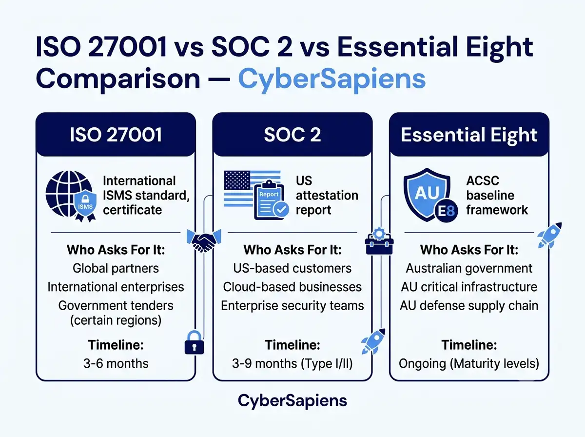 ISO 27001 vs SOC 2 vs Essential Eight comparison for Australian businesses