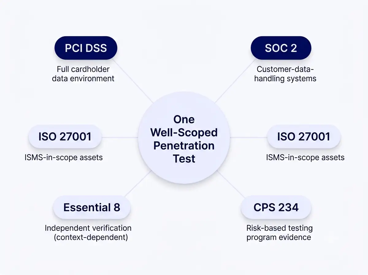 How one penetration test scope satisfies PCI DSS, SOC 2, ISO 27001, Essential 8 and CPS 234 requirements
