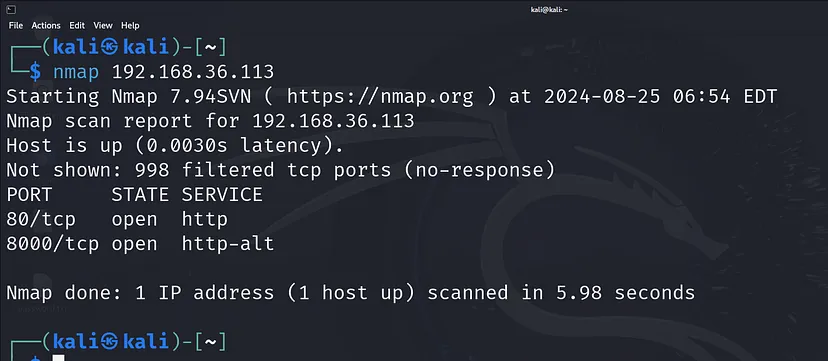 nmap scan results showing a detailed map of open ports and services on a target network.