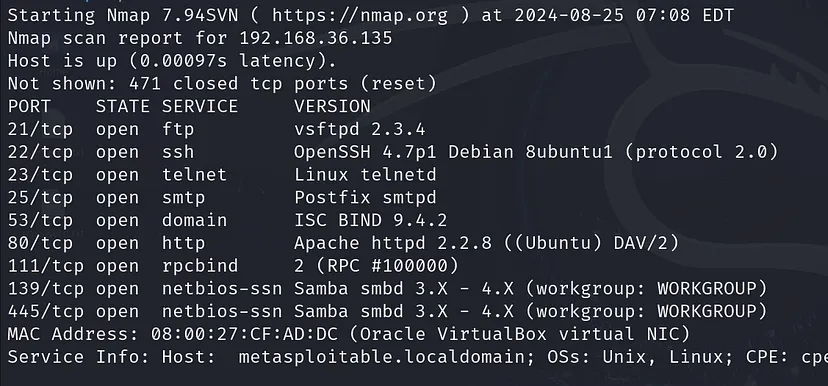 screenshot of nmap output showing a list of open ports and associated services.