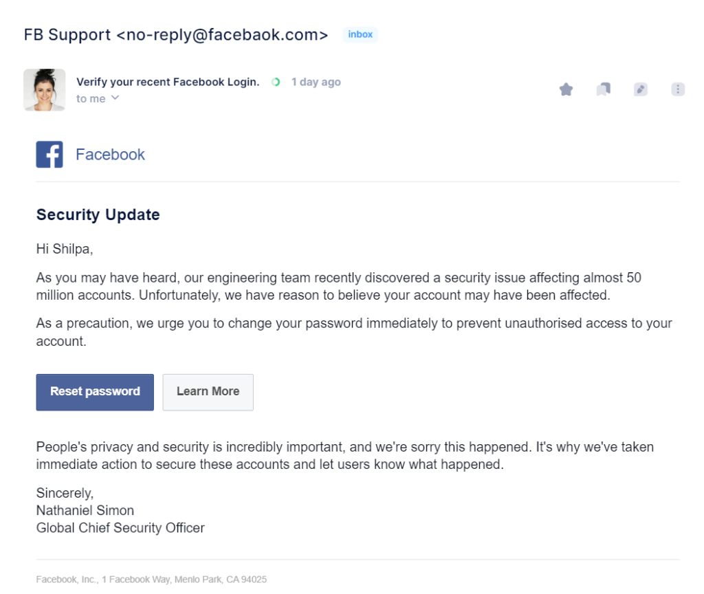 facebook phishing email example