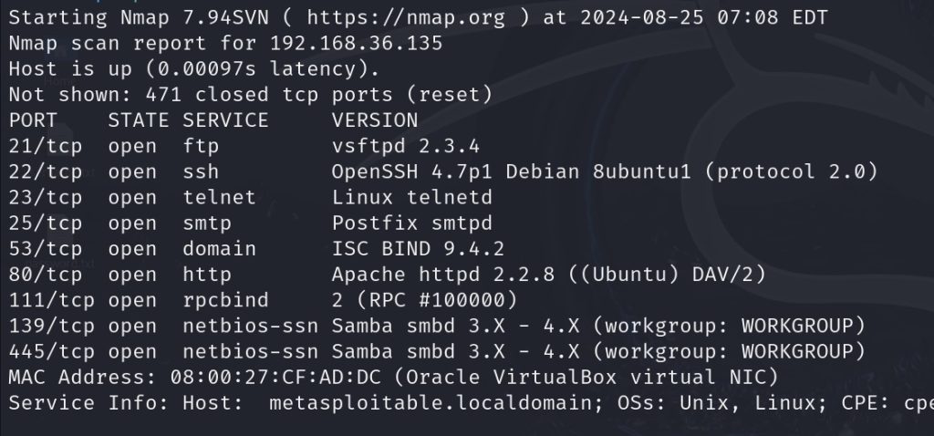 nmap scan results showing the versions of services detected on open ports.