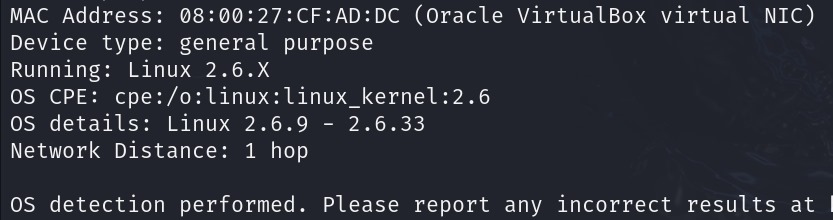 nmap os detection results displaying the identified operating system and version.