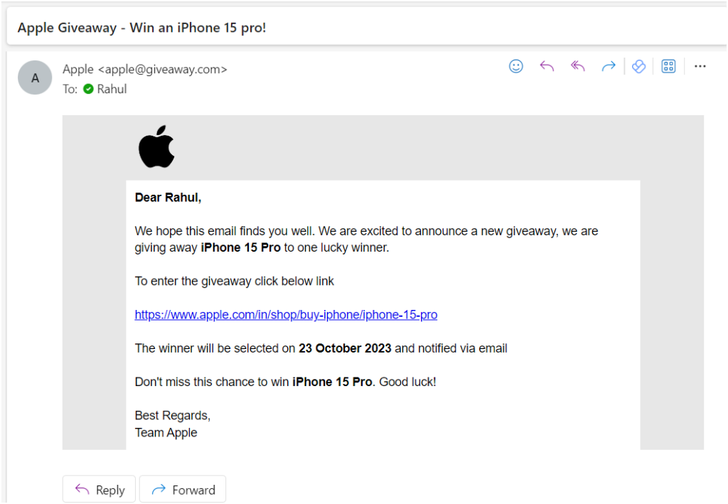 apple giveaway offers phishing email example