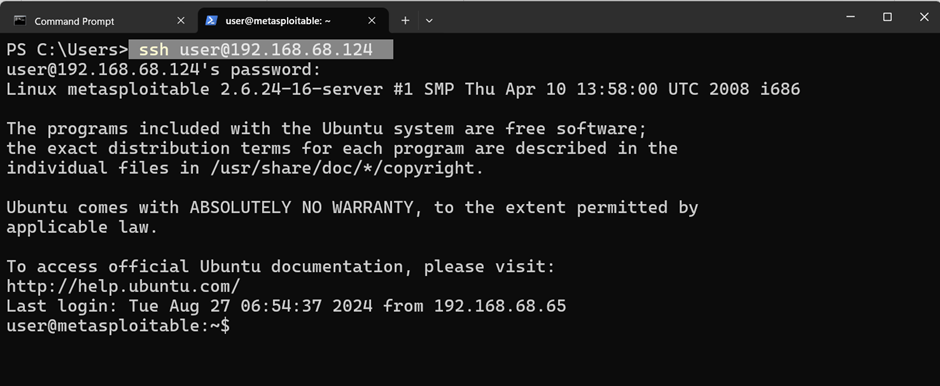 command line showing an ssh login attempt to a server on metasploitable2 using default credentials