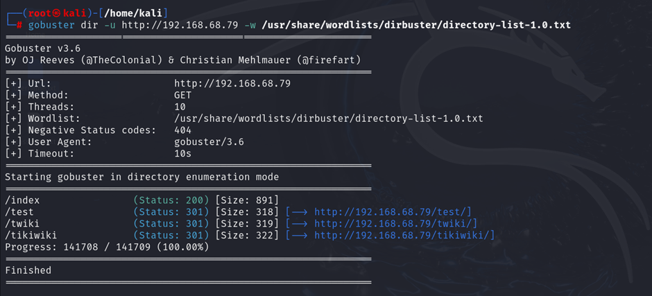 directory brute forcing result showing hidden directories on metasploitable2