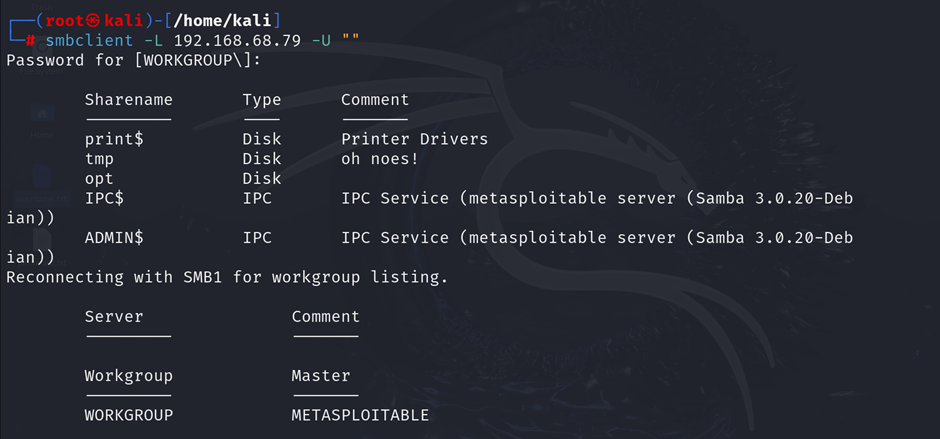 enumeration of smb shares on metasploitable2 showing accessible directories with anonymous login.