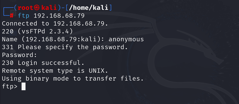 ftp client connecting to an ftp server on metasploitable2 using anonymous credentials