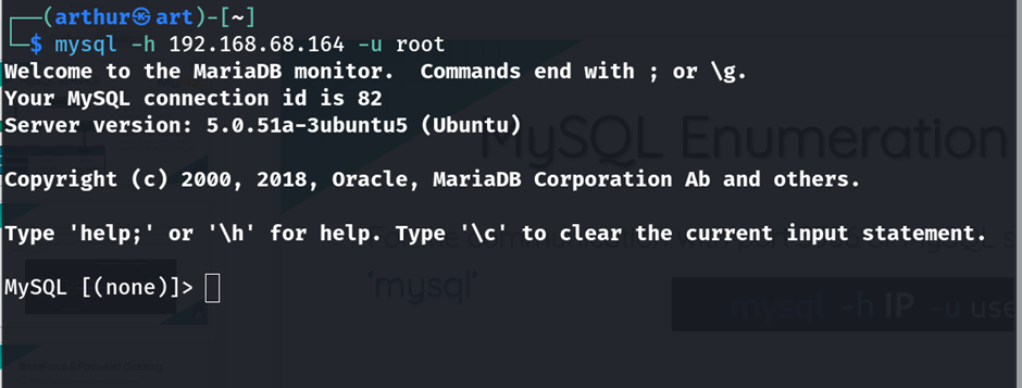 mysql client connected to a database on metasploitable2 using default credentials