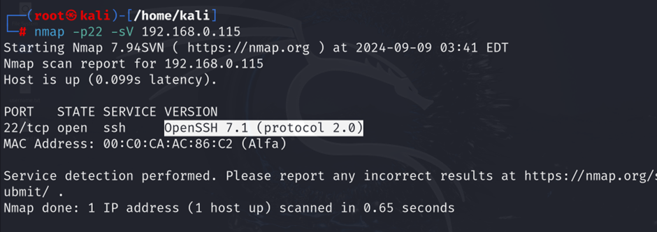 nmap scan result showing open ssh port and banner information with openssh version details