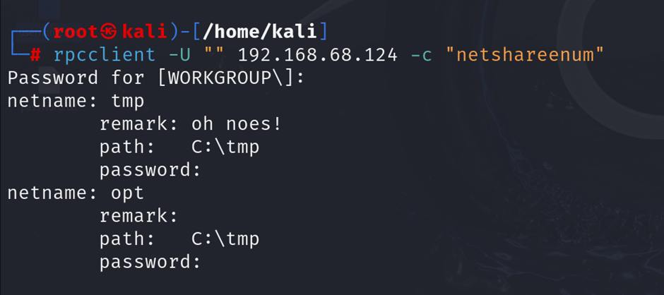 output of rpcclient showing enumerated domain users and available shares on metasploitable2