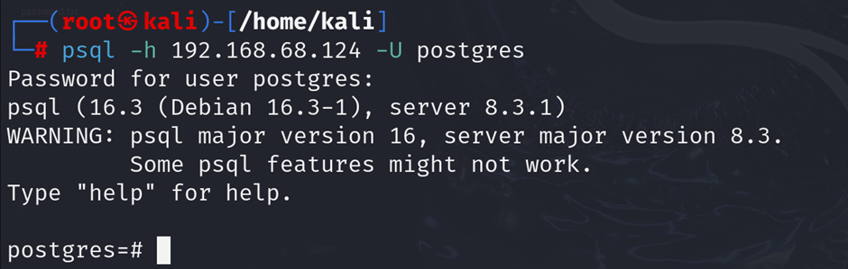 postgresql client attempting to connect to a database on metasploitable2 using default credentials