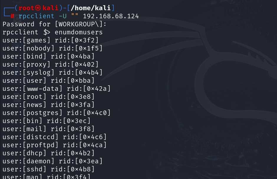 rpc client connecting to an rpc service on metasploitable2 using anonymous credentials