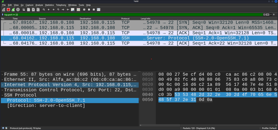 wireshark interface capturing network traffic and showing ssh response banner