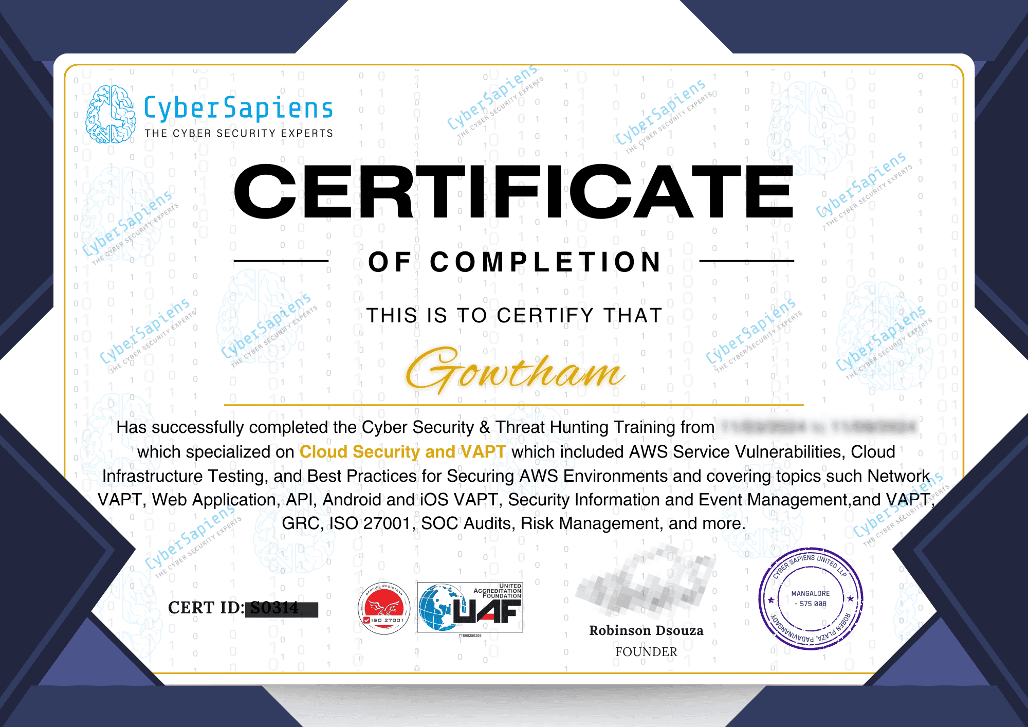CyberSapiens certificate sample