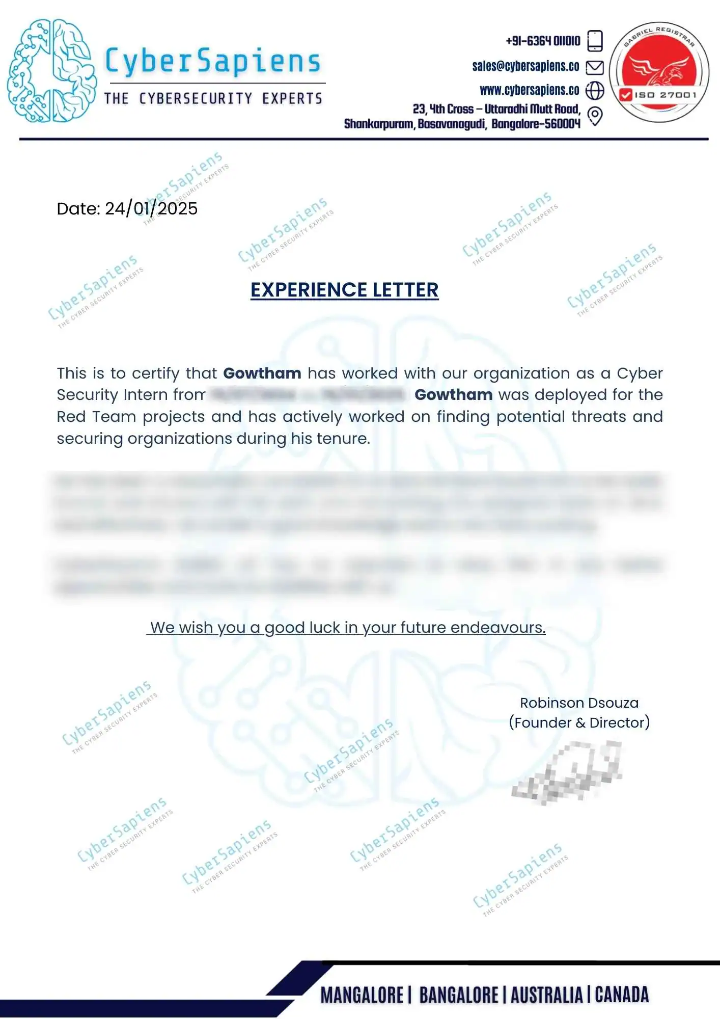 Experience letter sample for cybersecurity training