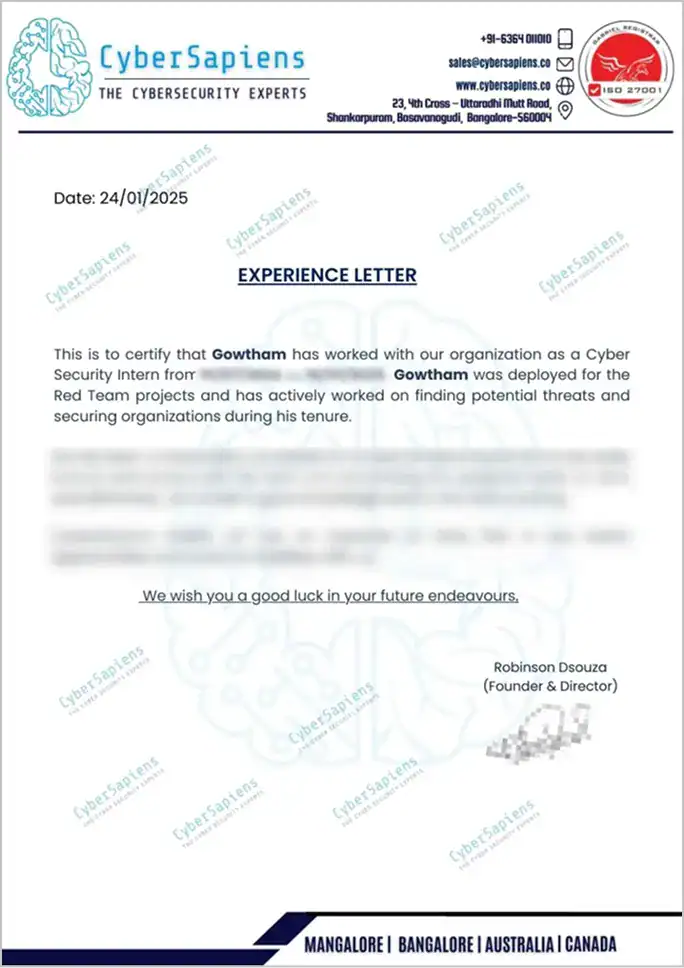 Course Completion and Experience Letter