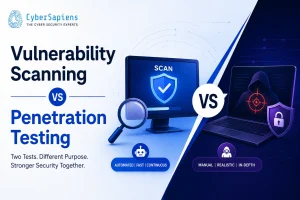 Comparison of vulnerability scanning vs penetration testing showing automated scan detection versus manual exploit testing